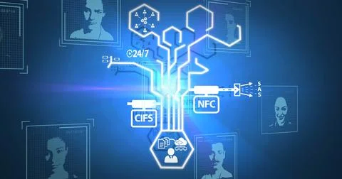 Digital interface displaying various icons and profiles on blue background Stock Photos