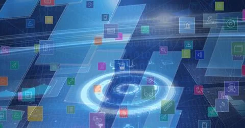 Digital interface displaying various icons and data analytics in futuristic Stock Photos
