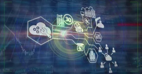 Digital interface displaying various technology icons and data analytics Stock Photos