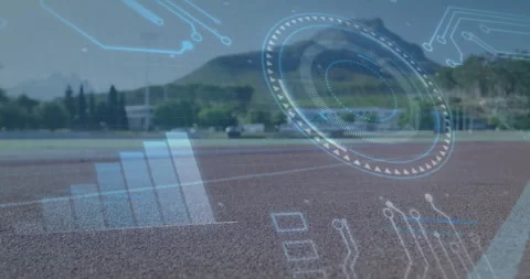 Digital interface elements and data processing animation over outdoor running Stock Footage 305222332