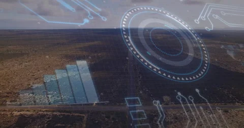 Digital interface elements and data processing animation over aerial view of Stock Footage 305366990