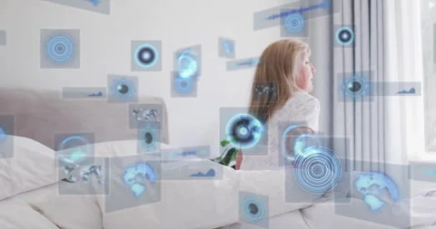 Digital interface elements animation over woman sitting on bed looking out Stock Footage 304760978