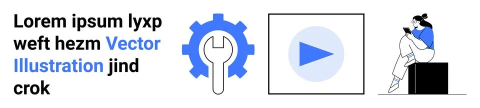 Digital Interface Elements with Gear, Play Button, and a Person Reading a Boo Stock Illustration