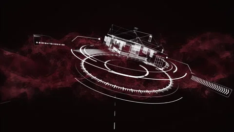 Digital interface elements overlay futuristic architectural design on dark Stock Footage 303536472