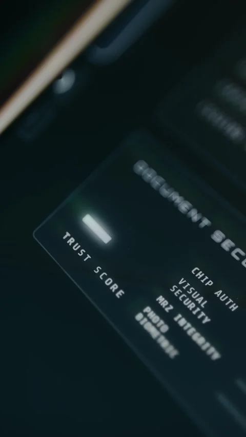 Digital interface evaluating document security features, scoring 98 overall Stock Footage 333825184