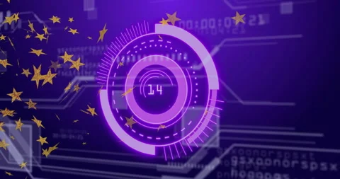 Digital interface fading into view, meter jumping values, stars and code pulsing Stock Footage 314709805