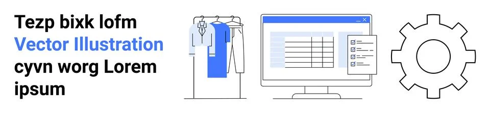 Digital Interface Featuring Clothing Rack, Computer Screen with Table, Gear.. 库存插图