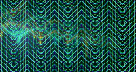 Digital interface featuring neon chevrons and arrows pulsing on dark grid, Stock Footage 307463125