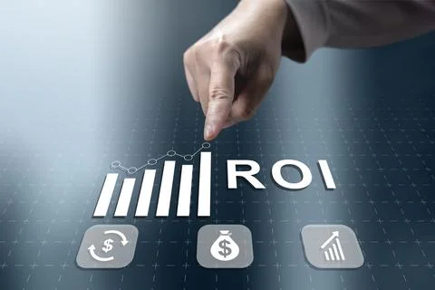 Digital interface featuring ROI metrics, a growth graph, and financial icon.. Stock Photos