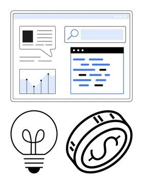 Digital interface featuring search bar, text, and graph lightbulb and dollar  Stock Illustration