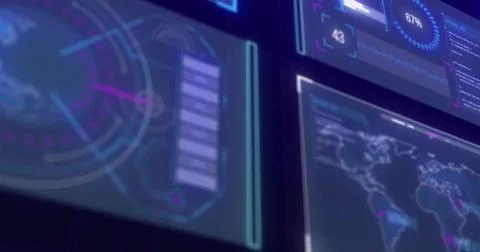 Digital interface with futuristic data processing image over various screens Stockillustratie