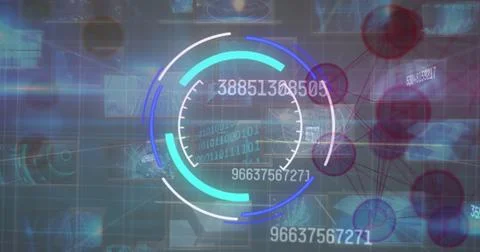 Digital interface with futuristic graphics and binary code displayed on screen 写真素材