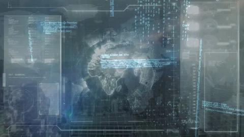 Digital interface with globe and program codes Stock Footage 107701572