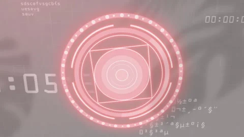 Digital interface with glowing red circular patterns and cryptic text animation Stock Footage 305117393