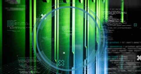Digital interface with green coding elements and futuristic design on screen Stock Photos