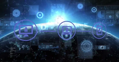 Digital interface icons and data processing animation over Earth from space Stock Footage 327643615