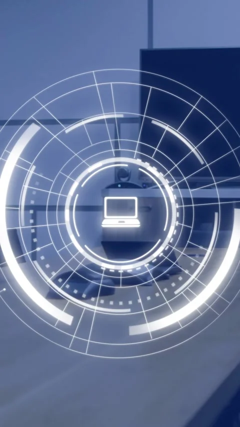 Digital interface icons animation over modern conference room with table and Stock Footage 344766297