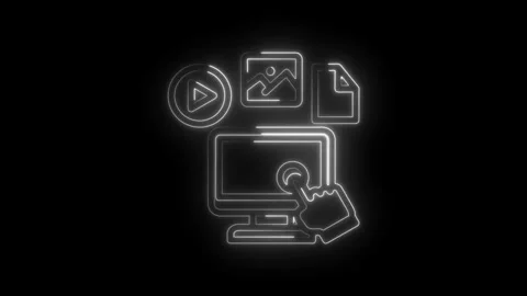 Digital interface icons glowing neon white on black background representing Stock Footage 333956102