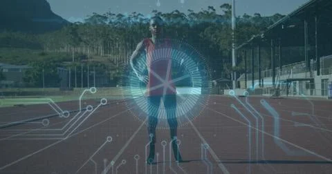 Digital interface image over athlete standing on running track Stock Illustration