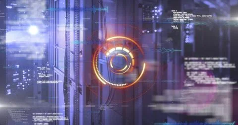 Digital interface image over data servers in technology center Stock Photos