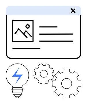 Digital interface with image upload window, light bulb, and gears represent.. Stock Illustration