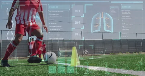Digital interface with medical data processing against male soccer player Video stock 153475223