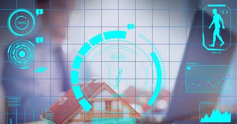 Digital interface with medical data processing against businessman using laptop Illustrazione stock