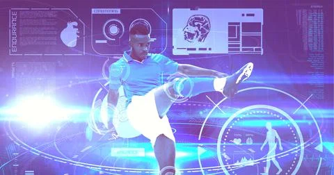 Digital interface with medical data processing against male soccer player イラスト素材