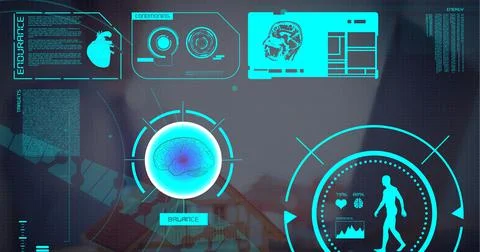 Digital interface with medical data processing against businessman using laptop 스톡 일러스트