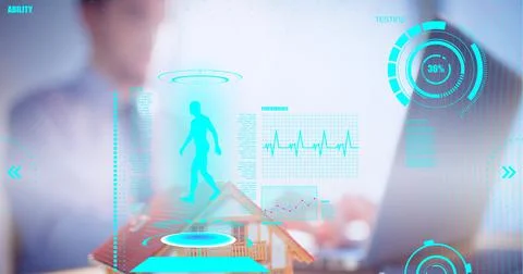 Digital interface with medical data processing against businessman using laptop 스톡 일러스트