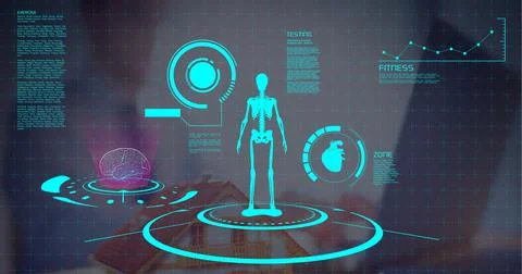 Digital interface with medical data processing against businessman using laptop Stock Illustration