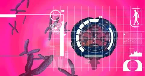 Digital interface with medical data processing over human brain against pink Stock Illustration