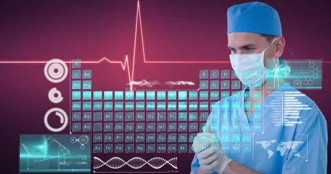 Digital interface with medical data processing against male health worker Stock Photos