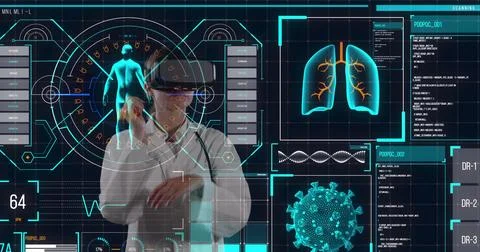 Digital interface with medical data processing against female doctor using vr 写真素材