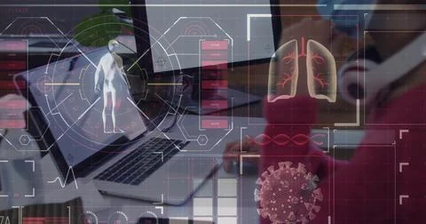 Digital interface with medical data processing against man wearing face mask Stock Photos