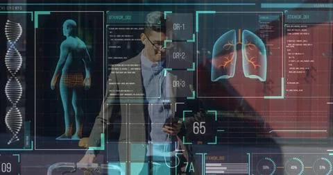 Digital interface with medical data processing against man with trolley bag 스톡 사진
