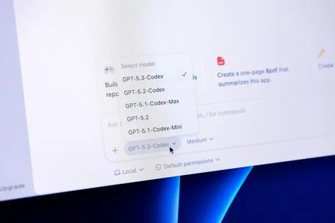 A digital interface menu shows coding model options to select a Codex version, 스톡 사진