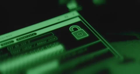 Digital interface with an open green padlock icon, password hacking Stock Footage 321754928