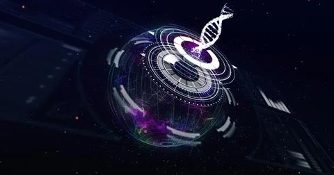 Digital interface over globe spinning against black background Illustrazione stock