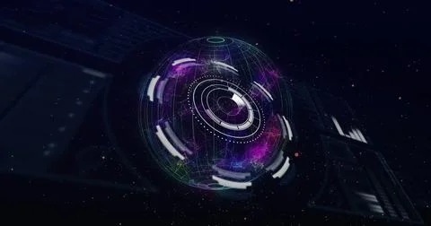 Digital interface over globe spinning against black background Illustrazione stock