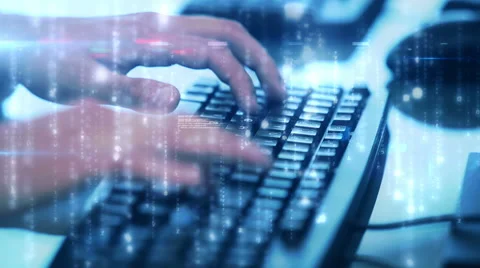 A digital interface over hands typing on a keyboard Видео 51765052