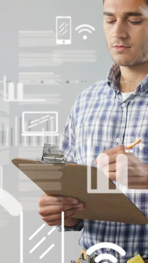 Digital interface over male architect taking notes against grey background Stock Footage 323898082