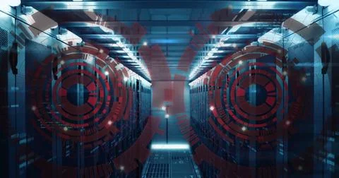 Digital interface overlay showcasing advanced technology in futuristic data Stock Photos