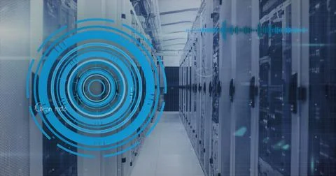 Digital interface overlay showcasing advanced technology in futuristic data Stock Photos