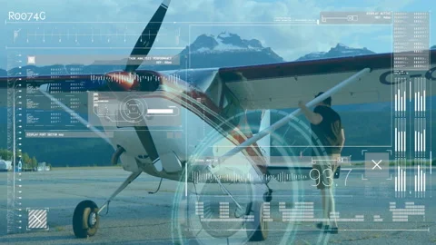 Digital interface overlay showing data and analytics on small aircraft on runway Video stock 304860984
