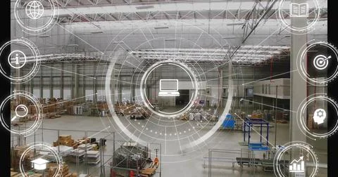 Digital interface overlay tracking analytics and laptop icon in warehouse, with Stock Photos