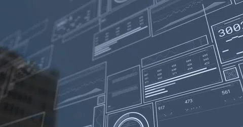 Digital interface panels displaying data views in AR environment, with line Stock Photos