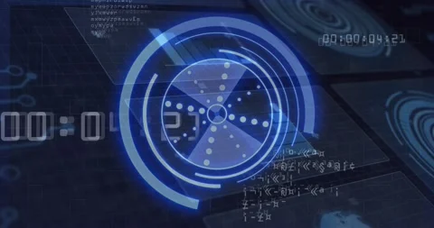 Digital interface rotating circle as timer count incrementing and code scrolling Stock Footage 318237112