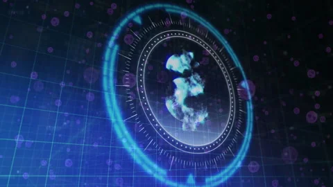 Digital interface with rotating circular elements and glowing particles Stock Footage 304256416