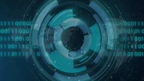 Digital interface with rotating elements and binary code animation over world Stock Footage 303792808